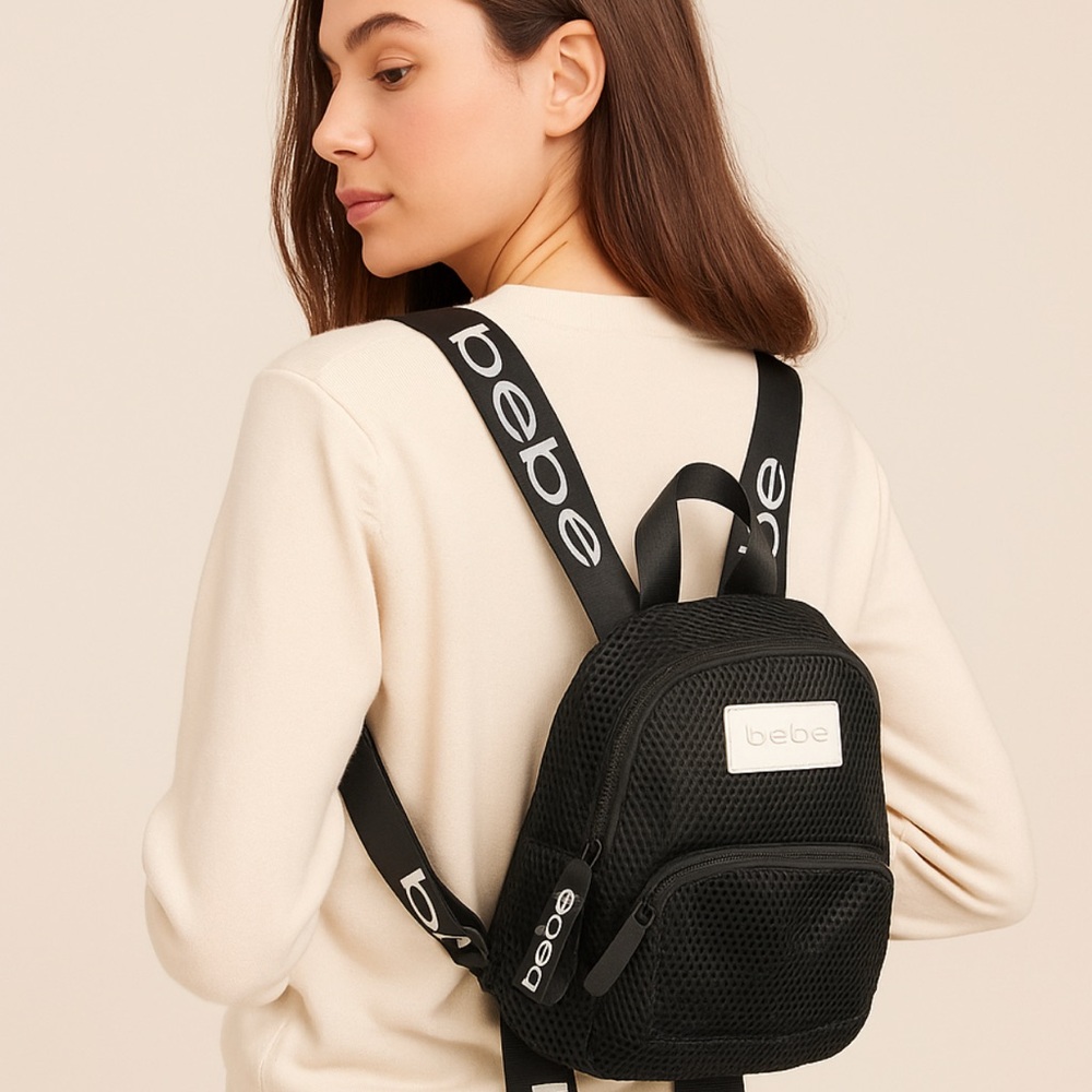 Bebe Women’s Black Mesh Mini Backpack with Logo Straps & Matching Face Mask